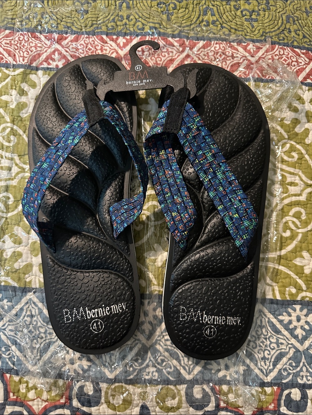 bernie mev. Black Flip Flops with Blue Multi-Color Fabric Straps